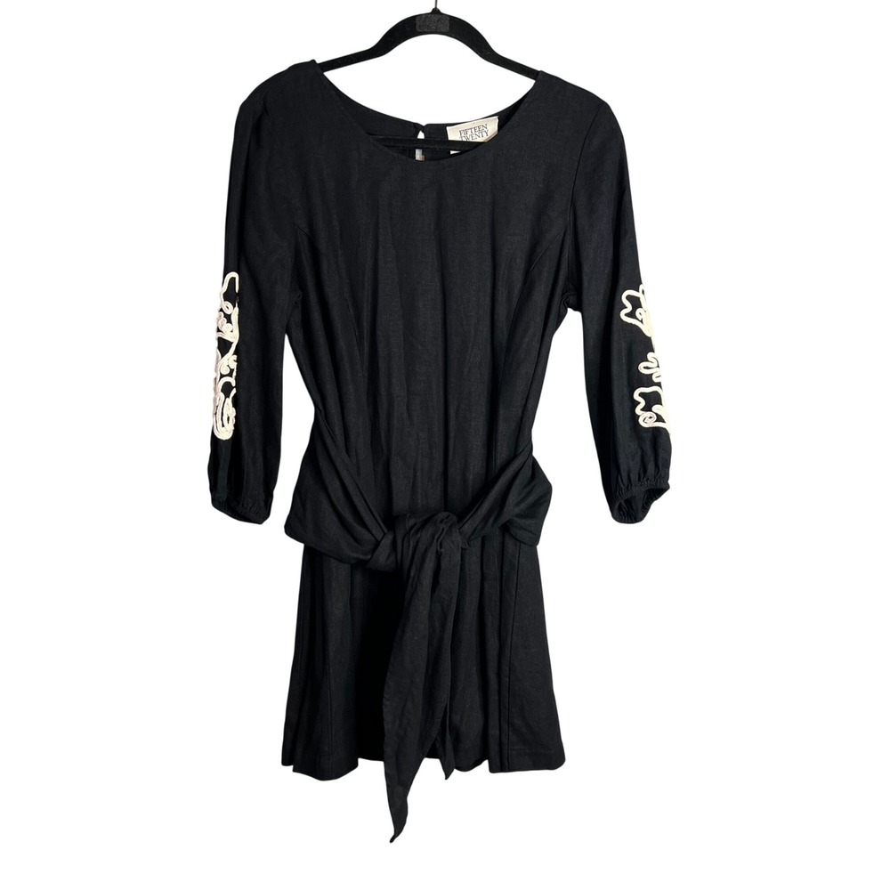 Fifteen Twenty Linen Blend Dress Sz S Black Embroidered Boho Long Sleeve NEW